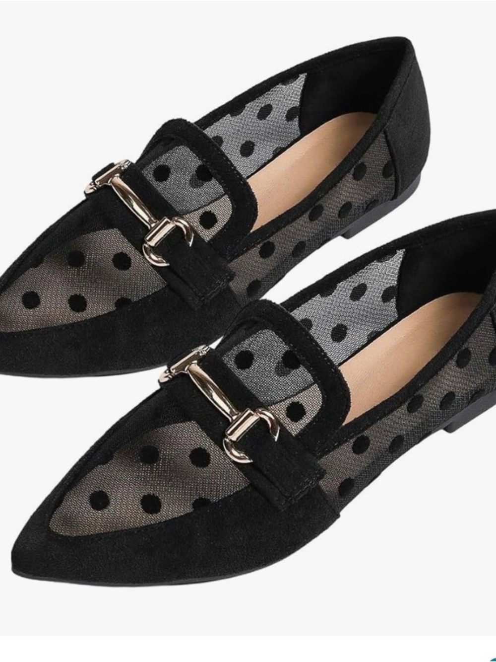 Women's Black Mesh Polka Dot Loafers with Gold Accent